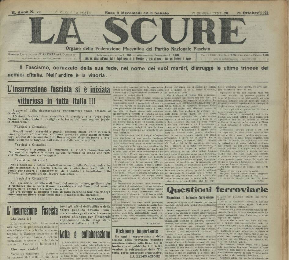 28 ottobre di 100 anni fa: Quando Piacenza e liberali si arresero al  fascismo L'INTERVISTA 
